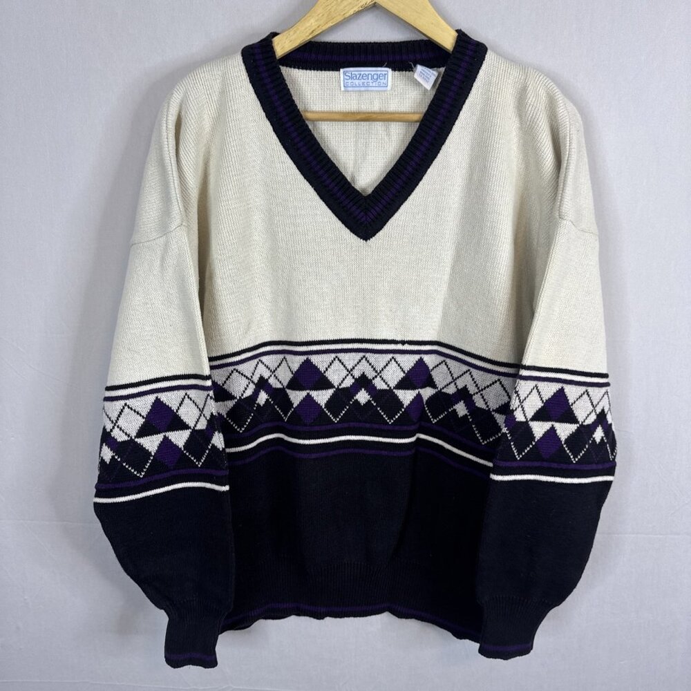 Slazenger Golf Tennis Sweater  V Neck Preppy Men XL Purple Cream Cotton